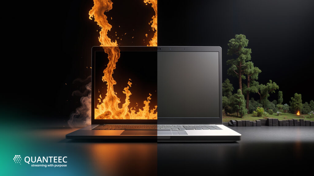 An image of a laptop split into two contrasting halves. The left half shows intense flames and fire emerging from the screen, symbolizing high energy or a burning issue without P2P Streaming. The right half of the laptop is dark and blank, set against a backdrop of a peaceful, green forest with small trees, suggesting tranquility and environmental awareness. The logo of Quanteec, accompanied by the tagline ‘streaming with purpose,’ is positioned at the bottom left corner of the image.